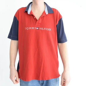 Vintage 90'S Tommy Hilfiger  Embroidered Navy & Red 100% Cotton Polo Golf Shirt